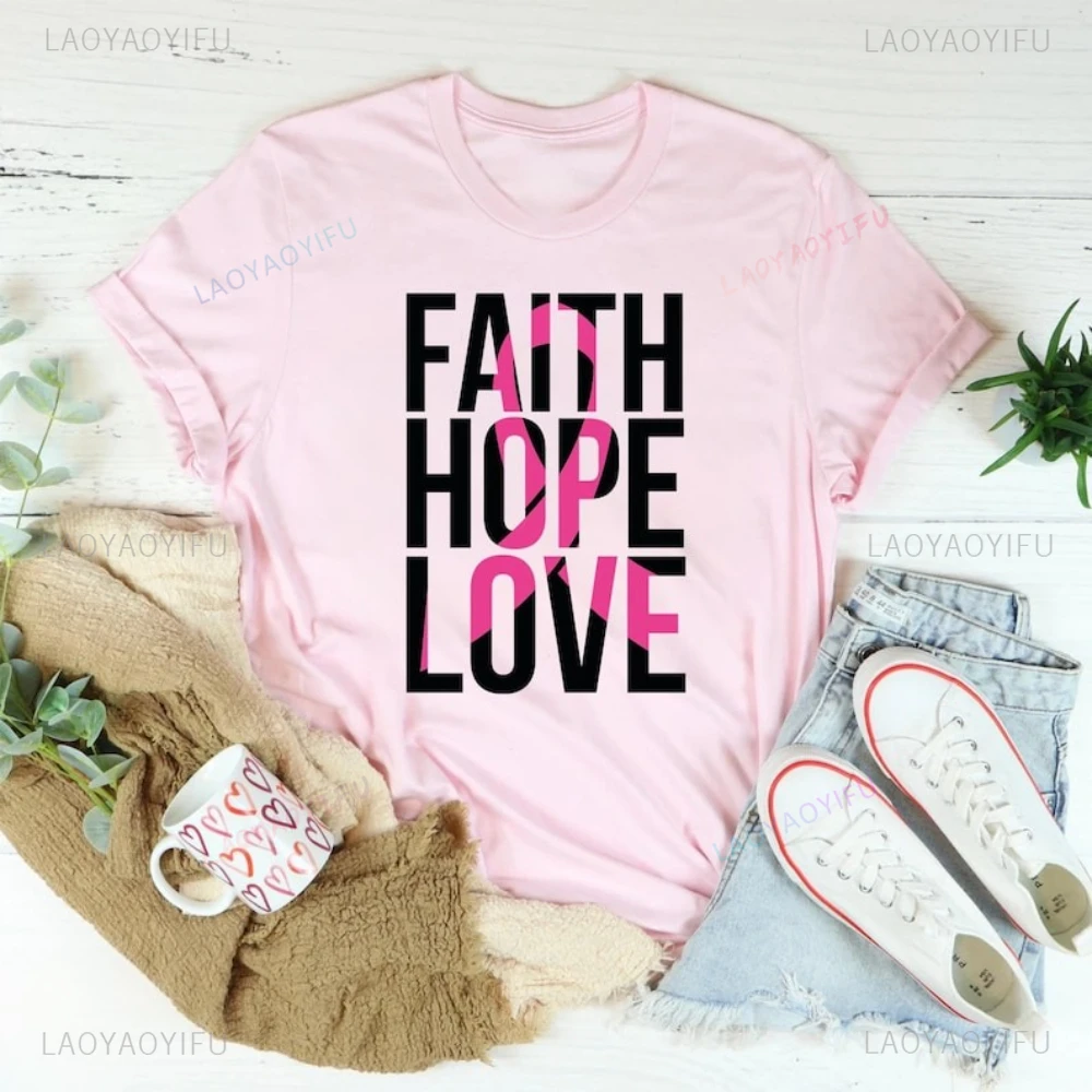 Fede Speranza Amore Camicia con nastro rosa T-shirt da combattimento per cancro al seno T-shirt da donna per la consapevolezza del cancro Vita quotidiana T-shirt casual in cotone
