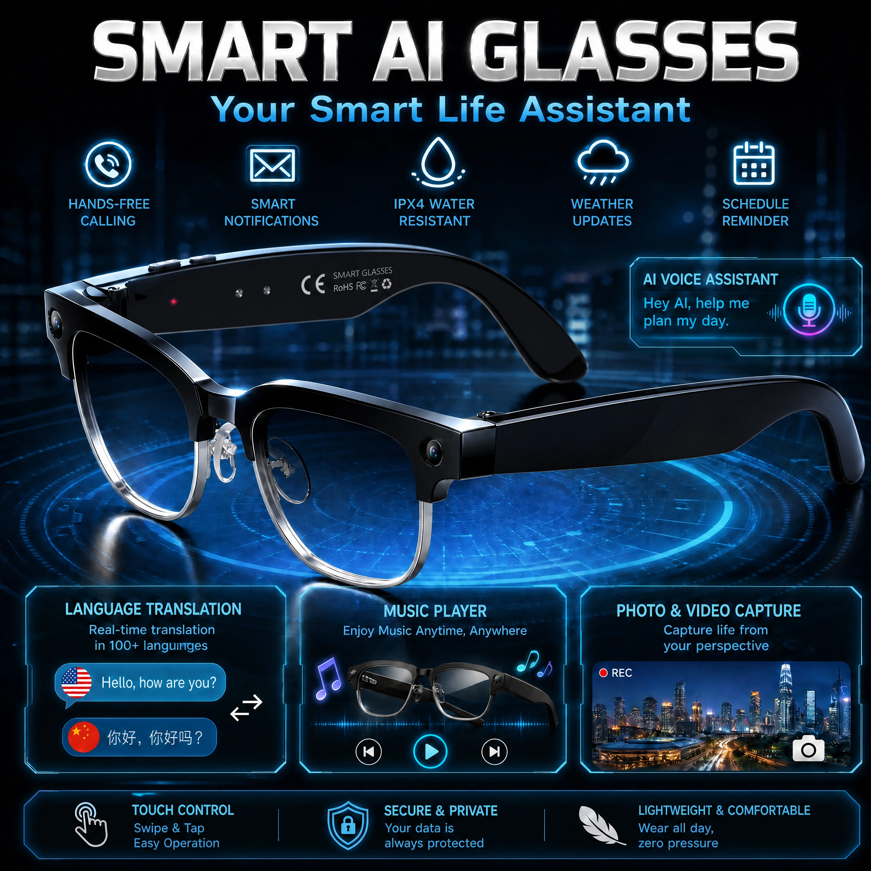 New AI Smart Glasses Various Language Translation 800W Pixel Camera Video Music Player Call Business 8K Color Change Glasses Men