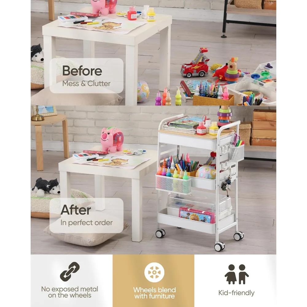 3-Tier Rolling Utility Cart with Wheels, 2 Baskets & 6 Hooks - Metal Storage for Home, Office, Crafting & Kids’ Art Supplies