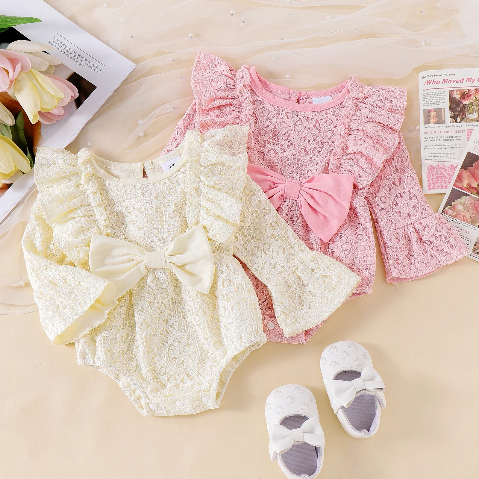 Lovely Spring Fall Baby Girls Floral Lace Romper Ruffled 3D Bow Long Bell Sleeve Adorable Fall Bodysuits Jumpsuit