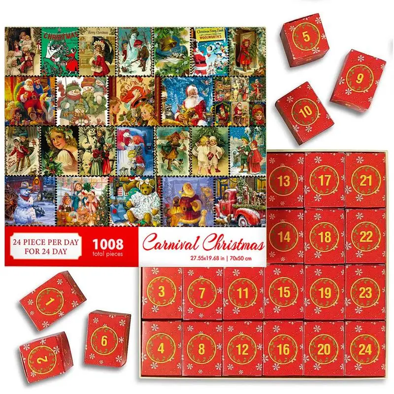 Christmas Puzzle Advent Calendar 1008PCS Puzzles Countdown Calendar Jigsaw Puzzles 24 Days Surprise Christmas Gift Calendar