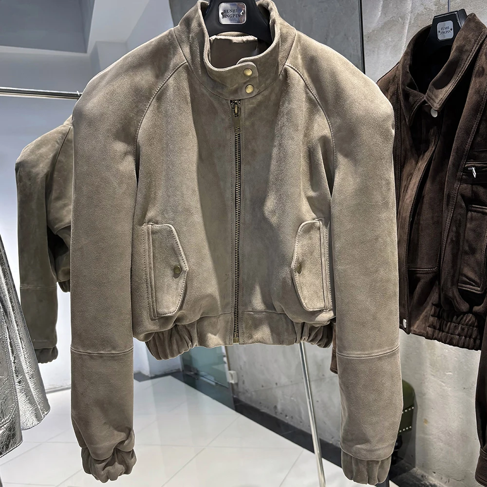 YOLOAgain Suede Leather Jacket Coat Women Real Leather Cropped Jacket Bomber Jacket