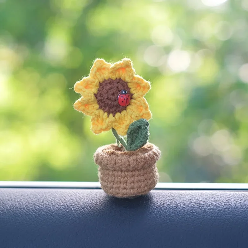 수제 뜨게 DIY 미니 화분 자동차 센터 콘솔, 크로 셰 뜨개질 양모 해바라기 장식 장식품, 인테리어 액세서리, 1PC