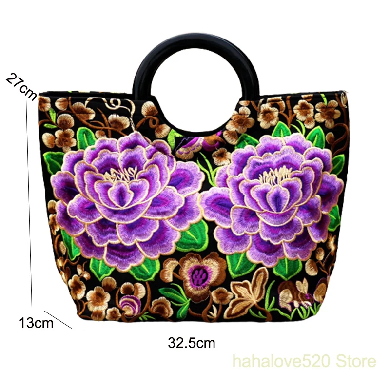 Women Circle Top-handle Dress Handbags Chinese Ethnic Embroidery Colorful Floral Patterns Linen Cloth Wristlet Street Tote Bag