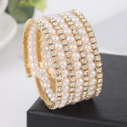 Multiple Shining Rhinestone Crystal Bracelet Pearl Cubic Zirconia Wide Hand Wrist Bracelet For Women Girl Bridal Wedding Jewelry