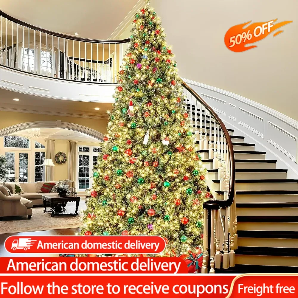 12ft Pre-lit Spruce Artificial Hinged Christmas Pine Tree Prelighted Holiday Xmas Tree for Home Party Decoration with