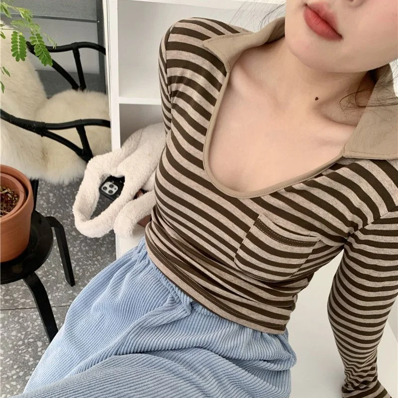 Clothing Long Sleeve T-shirt Woman Striped Spring Polo Neck Shirts for Women Cotton Tops Polyester Luxury Trend Youth Synthetic