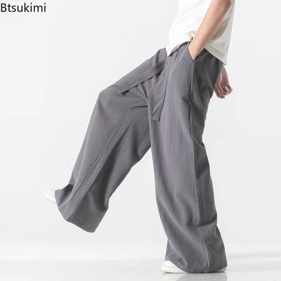 2025 New Chinese Style Men's Cotton Linen Casual Pants Harajuku Vintage Wide Leg Trousers Summer Streetwear Plus Size Men Pants