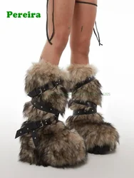 Animal Fur Belt Buckle Snow Boots Round Toe Height Increasing Knee High Women's Boots Plush Winter Warm Casual Shoes Luxury