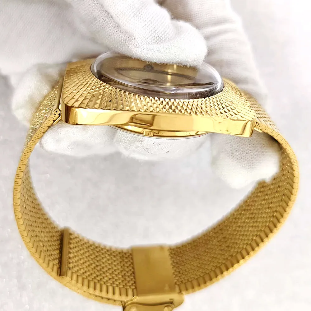 36.5mm Gold Watch Case With Band for NH35 NH36 NH38 Steel Double Domed Acrylic Transparent Back 5ATM Watch Case