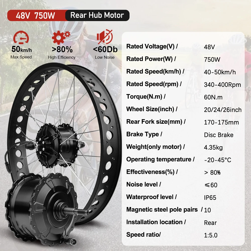 48V 750W Electric Fat Bike Conversion Kit 4.0Tyre 20/24/26inch Rear Brushless Hub Motor Wheel Dropout 170-175mm For Snow eBike