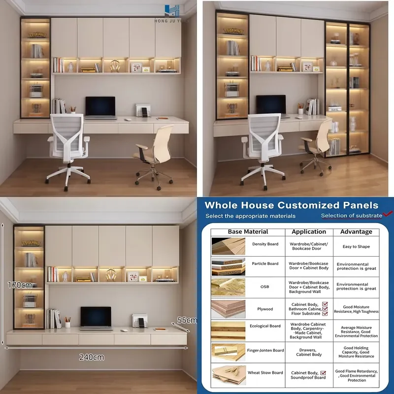Custom Modern Built-in Office Desk Bookshelf Combo With Wall Mounted Study Cabinet for Home Study Room