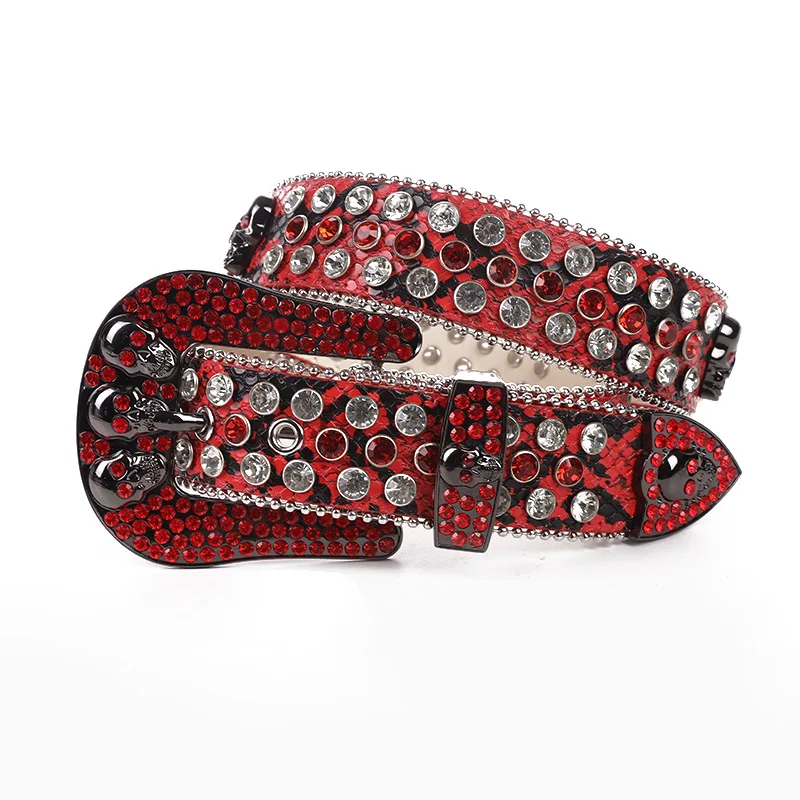 Western Snake Pattern PU Leather Strap Rhinestone Skull Pin Buckle Women Belt Punk Jean Causal Pants Belt for Ladies
