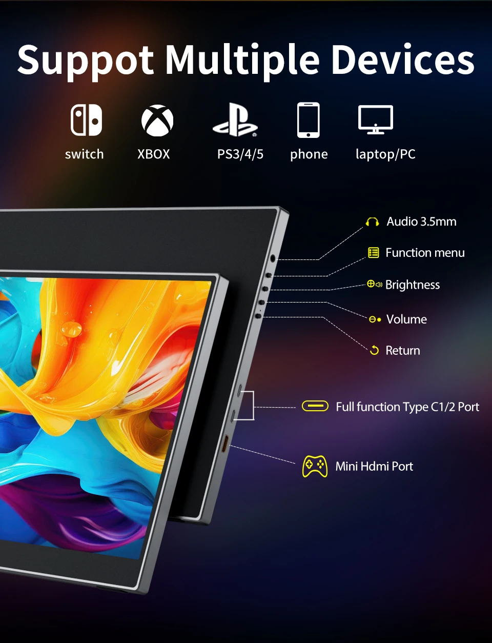 HGFRTEE 15,6 Zoll tragbarer Monitor, 60 Hz, 1080p, mit HDMI, USB-C, Gaming-Bildschirm, erweiterter Bildschirm für PC, Laptop, Mac, Switch, Xbox, PS4/5 – Detail 3
