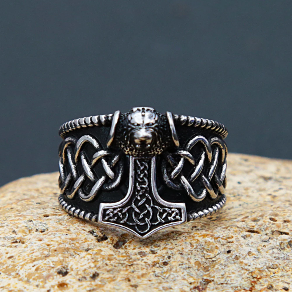 Nordic Stainless Steel Thor Hammer Ring Men Vintage Viking Bear Head Celtics Knot Ring Biker Amulet Viking Jewelry Gift