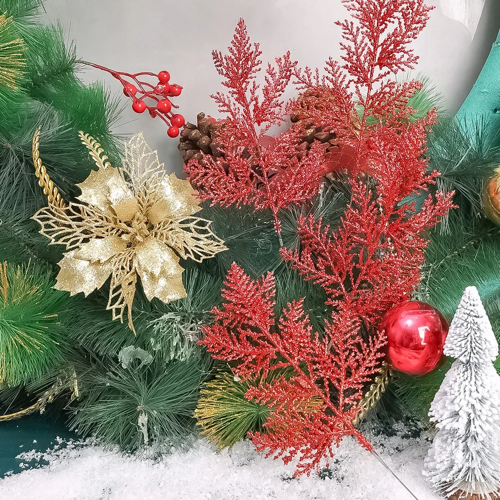 50-5Pcs Christmas Glitter Gold Silver Leaves Xmas Tree Decoration Pendant Artificial Plants Pine Branches Home New Year Ornament