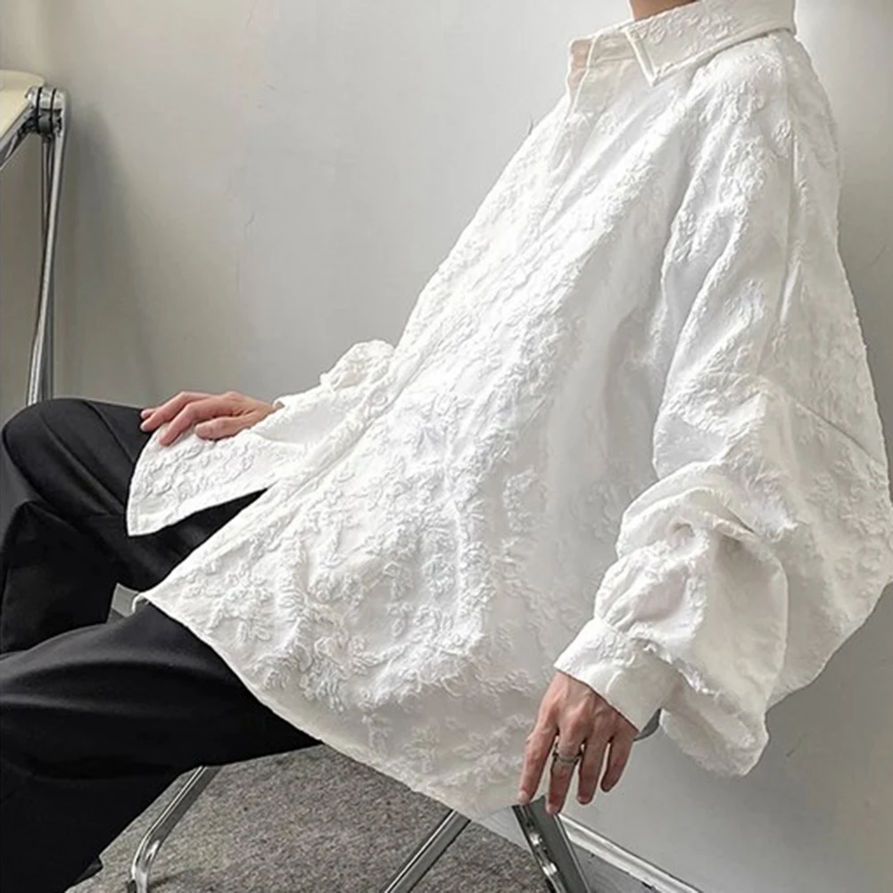 เสื้อเบลาส์ของผู้ชายเสื้อเชิ๊ตแขนยาวคอปกสไตล์ญี่ปุ่นสำหรับวันหยุดพักผ่อนทรงหลวมสีทึบวินเทจ
