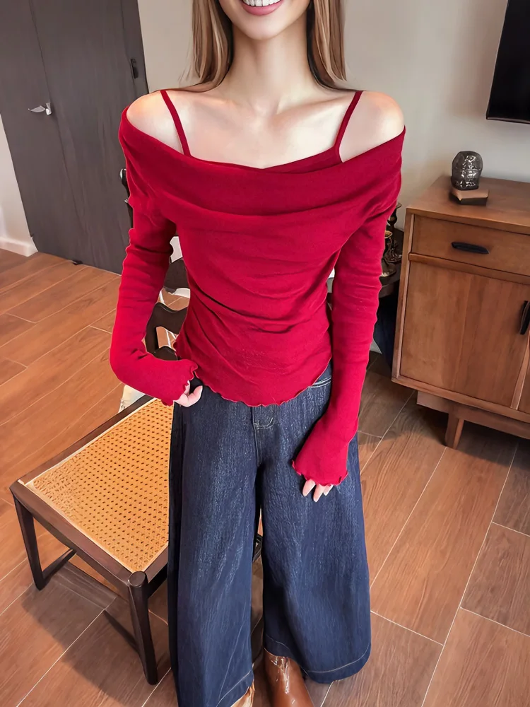 

Tossy Sexy Off-Shoulder Ruffled T-Shirts Pullover Women's Patchwork Solid Elegant Backless Summer 2026 Female Y2k Cropped Top