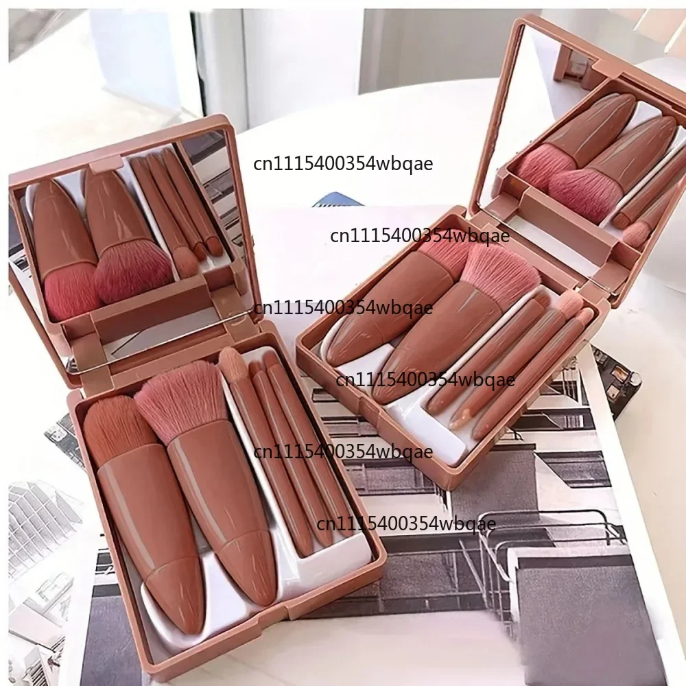 5 Pcs Portable Travel Makeup Brush Set With Built-in Mirror Storage Box Soft Bristle Blush Eyeshadow Blending Cosmetic Brushes