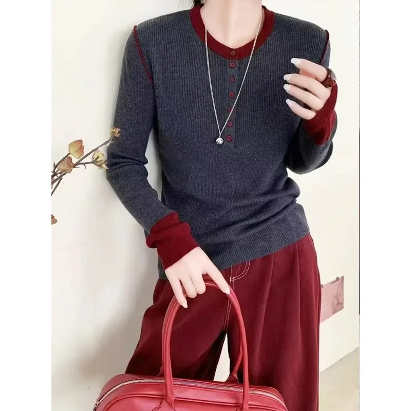 

2024 Autumn New Knitted Sweater Pullover Round Neck Button Winter Long Sleeve Basics Versatile Inner Wear Slim Fit Top