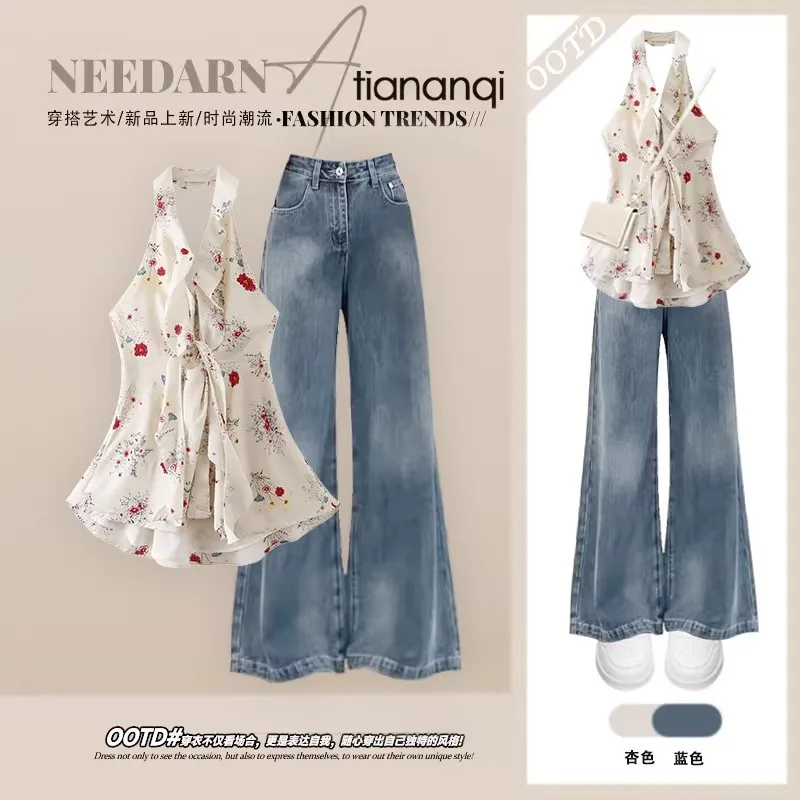 

Summer New Korean Style Fashionable Temperament Slimming Printed Top+slimming Jeans Two-piece Set