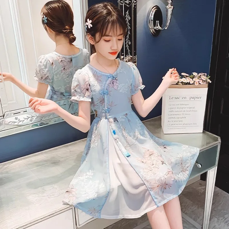 

New children's Chinese style foreign style girl super fairy Hanfu dance chiffon skirt