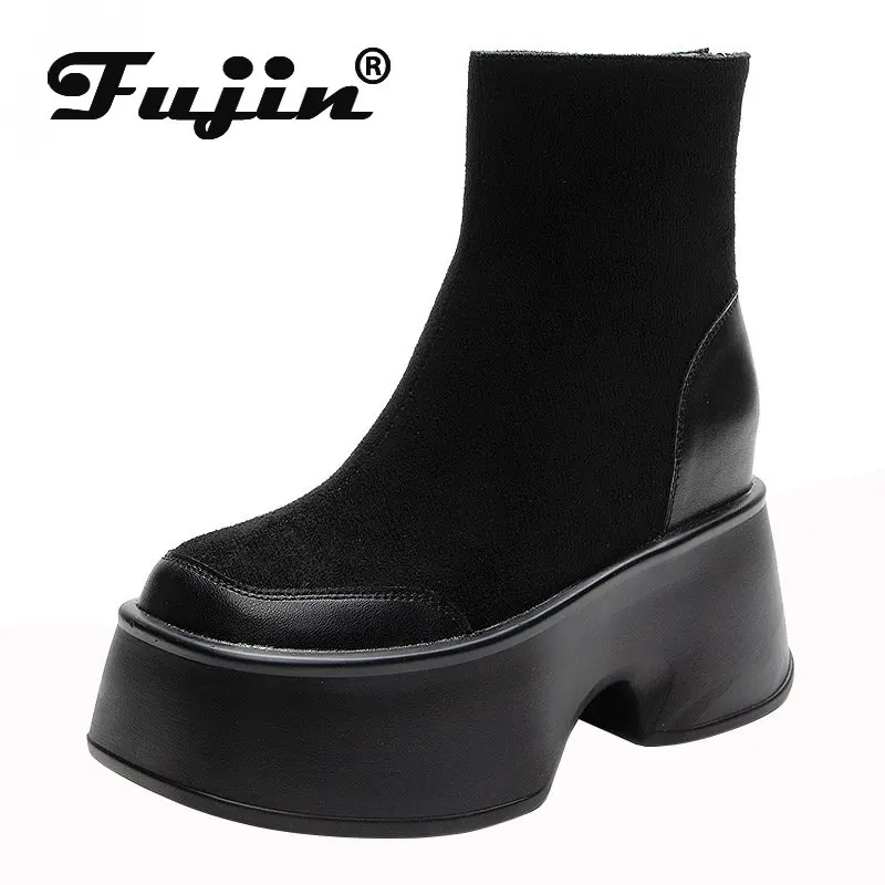 Fujin 11cm Retro Genuine Leather Kid Suede Platform British Mid Calf Chimney Boots ZIP Winter Women Warm Plush Non Slipper Shoes