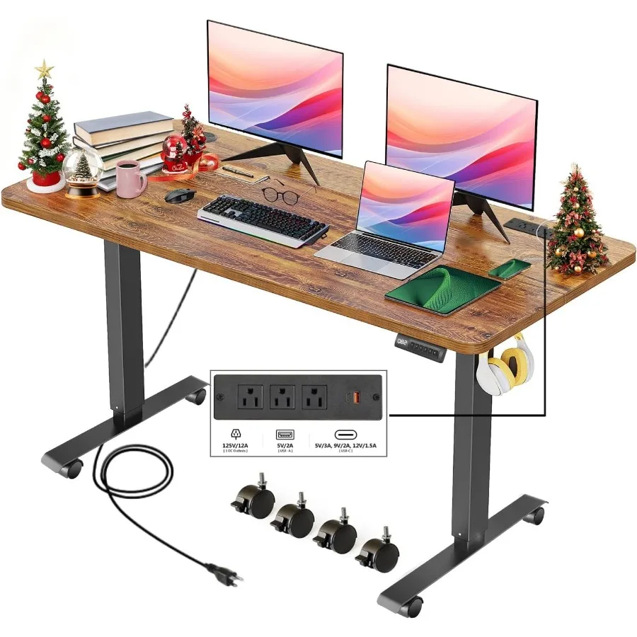 Electric Adjustable Height Standing Desk, 48×24 Inch Sit Stand Desk with Power Socket, 2 USB Ports, 3 Power Outlets, 4 Wheels,