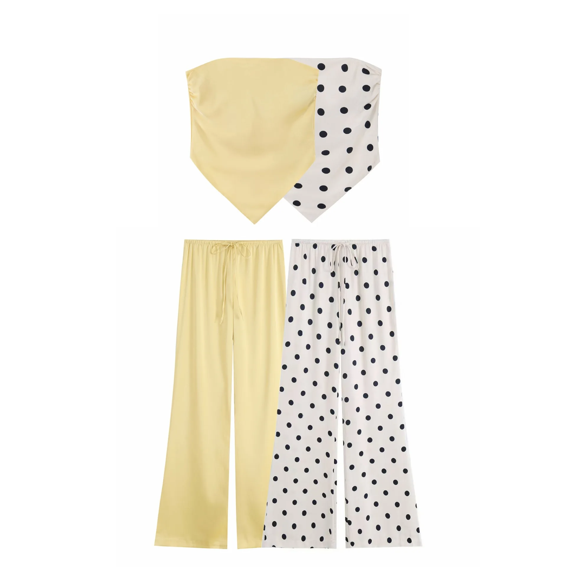 Dave&Di European And American Style Strapless Top With Polka Dot Silk Texture And Lace Up Pants Set