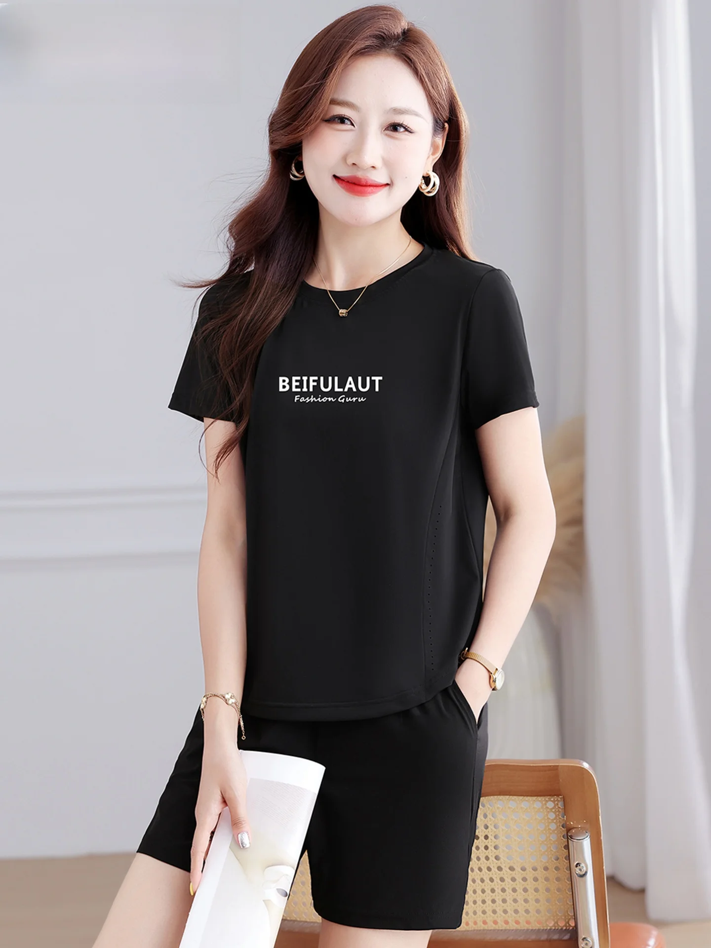 

Red Dragoy Bla Qui Dry Спортивный костюм Женский летний комплект из тонкого ледяного шелка, повседневный комплект из двух предметов для бега, полиэфирное волокно