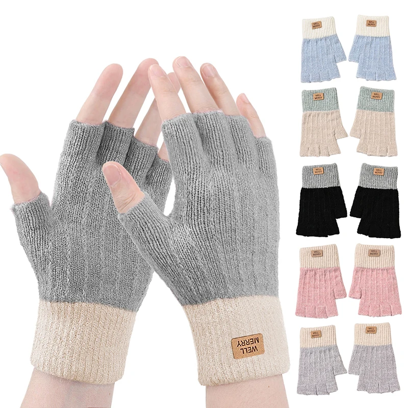 Winter Fingerless Gloves For Men Half Finger Writting Office Knitted Thick Wool Warm Label Thick Elastic Outdoor Driving Gloves