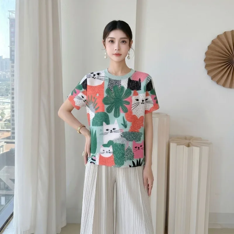 Miyake Pleated 3D Animal Print Design T-Shirt 2026 Summer New Short Sleeve Round Neck Loose Stretch No-Iron Top Women's Clothing