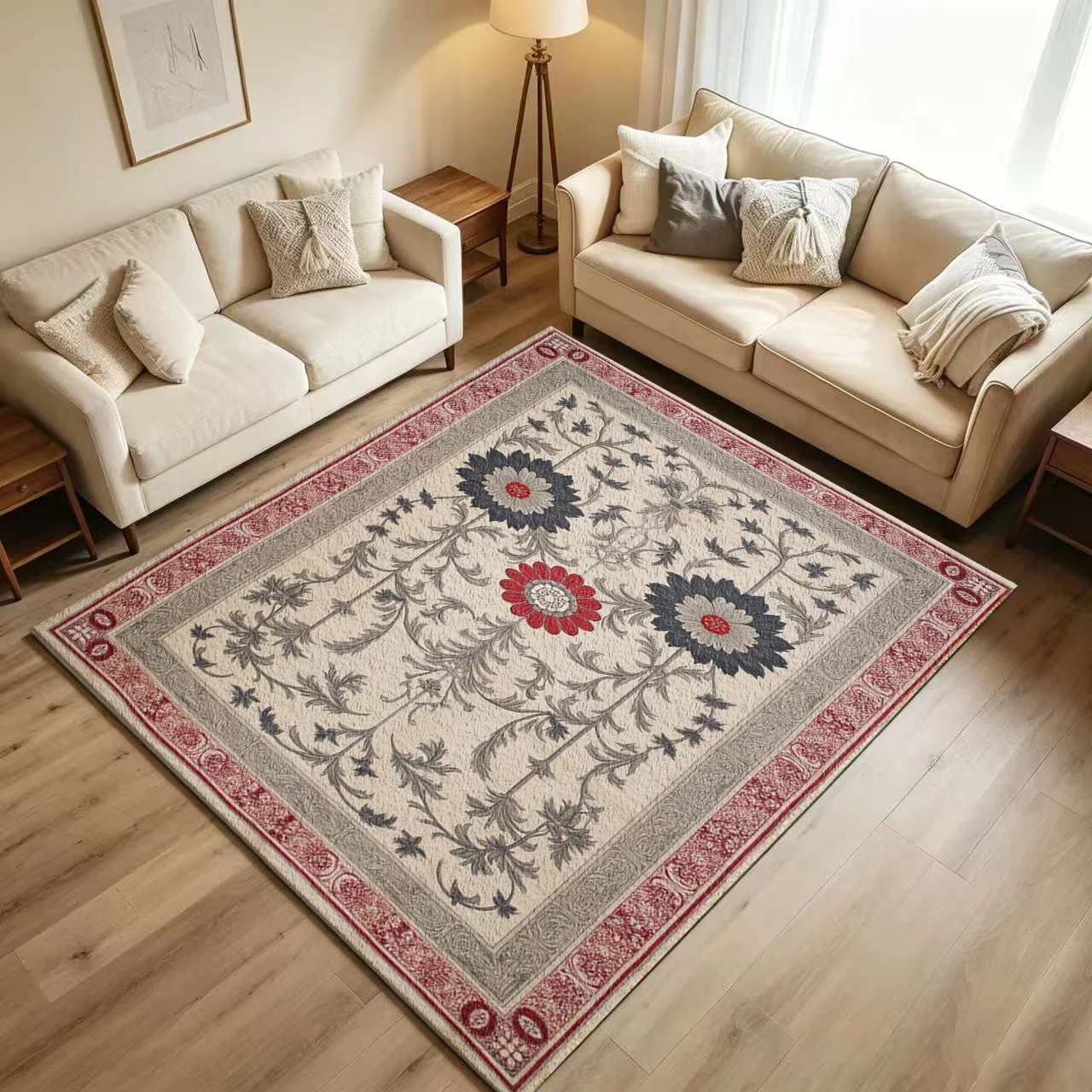 Vintage Farmhouse Floral Rectangle Carpet Flooring Retro Chrysanthemum Flower Vine Ornament Red Gray Border Symmetrical Art Pattern Printed Floor Rug for Household Indoor Classic Home Decoration