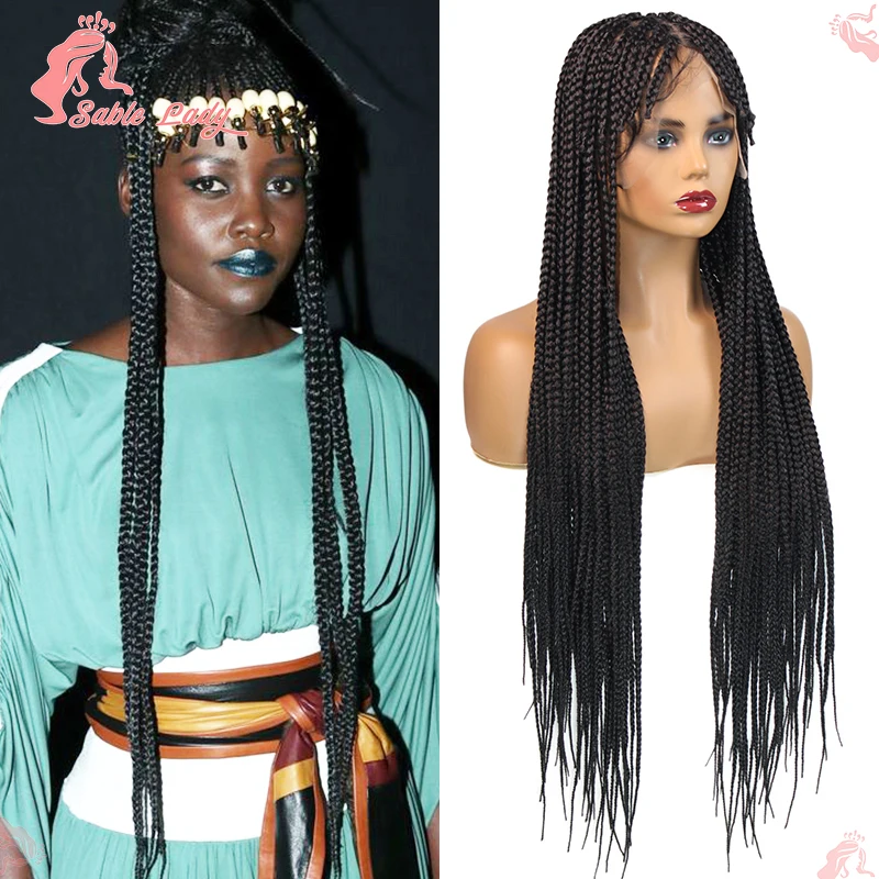 Peruca de cabelo sintético trançado para mulheres negras, frente bangs, caixa sem nós, trança preta, laço cheio, 32"