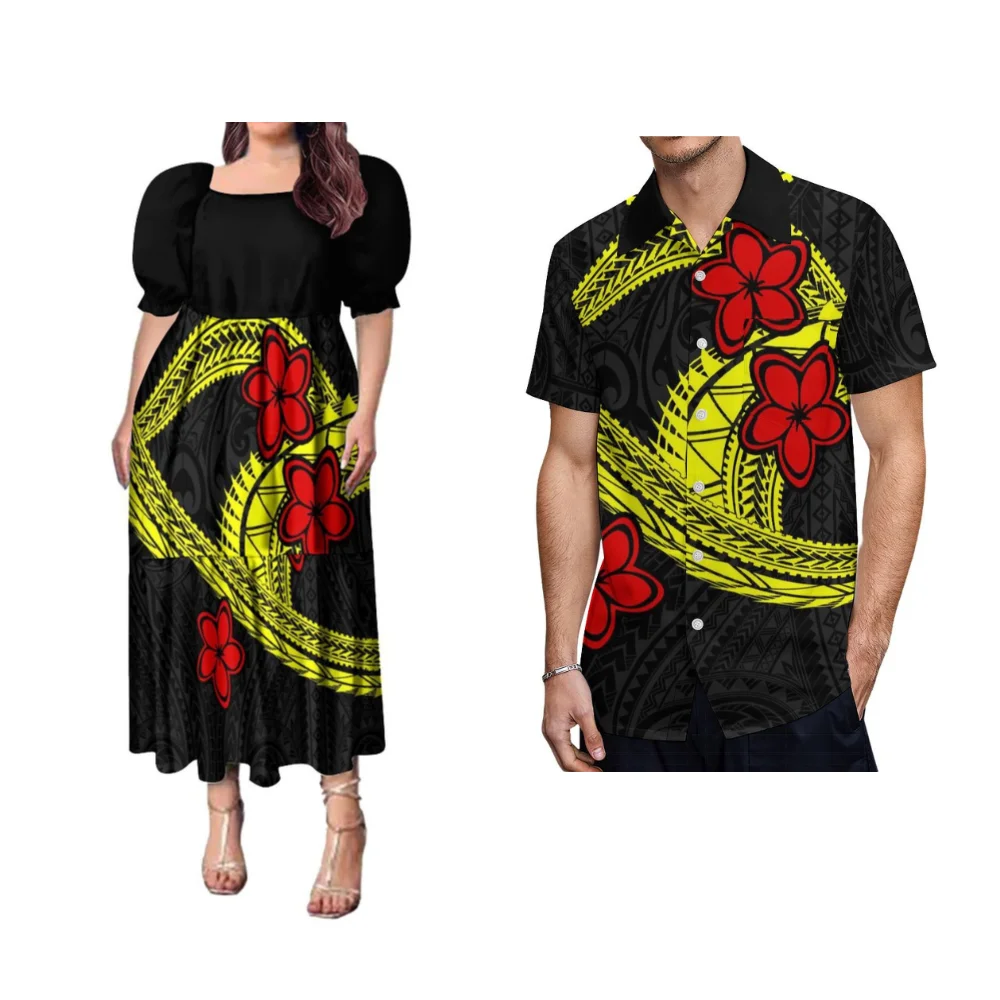 

2024 New Polynesian Couple Clothing Women'S Puffed Sleeve Dress Men'S Shirt Samoa Tribal Ethnic Print Custom Design