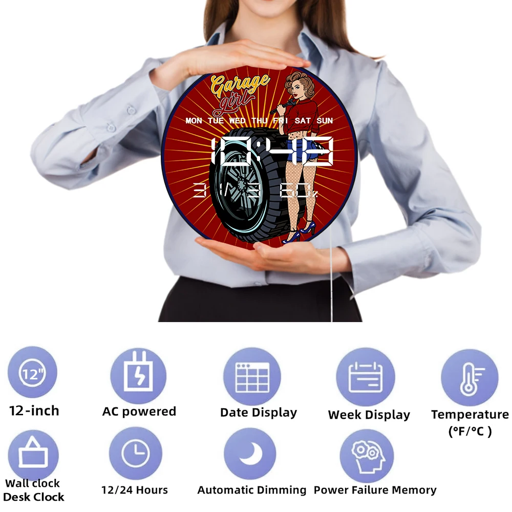 ساعة حائط رقمية LED من Rockabilly Girl مع مؤقت لعرض درجة الحرارة وساعة حائط إلكترونية لمتجر إطارات المرآب
