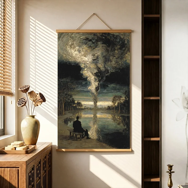 Wall Decor Flowing Organic Color Shapes, Modern Abstract Pearlescent Canvas Wall Hanging Scroll for Furniture Showroom Interior
