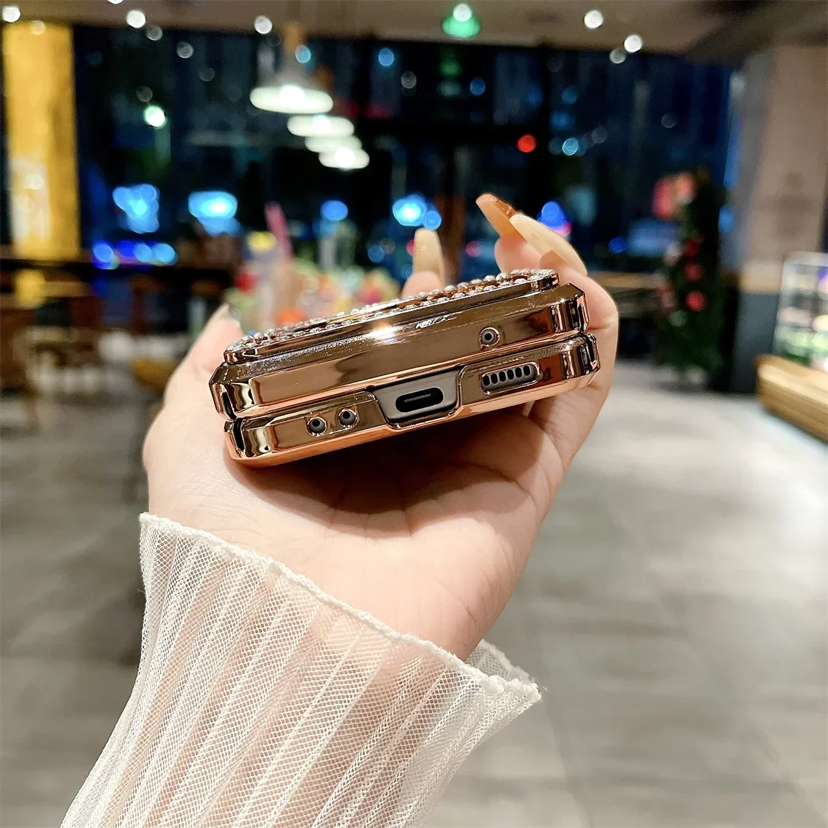 Rhinestone Glitter Pu Leather Trim Phone Case For Samsung Galaxy Z Flip 6 5 4 3 5G Hinge Electroplated Plastic Back Cover