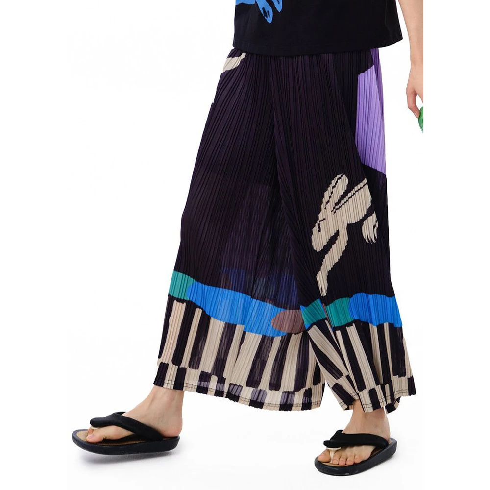 Pleated summer new FUN series elastic waist pocket fun printing casual straight-leg pants women trousers