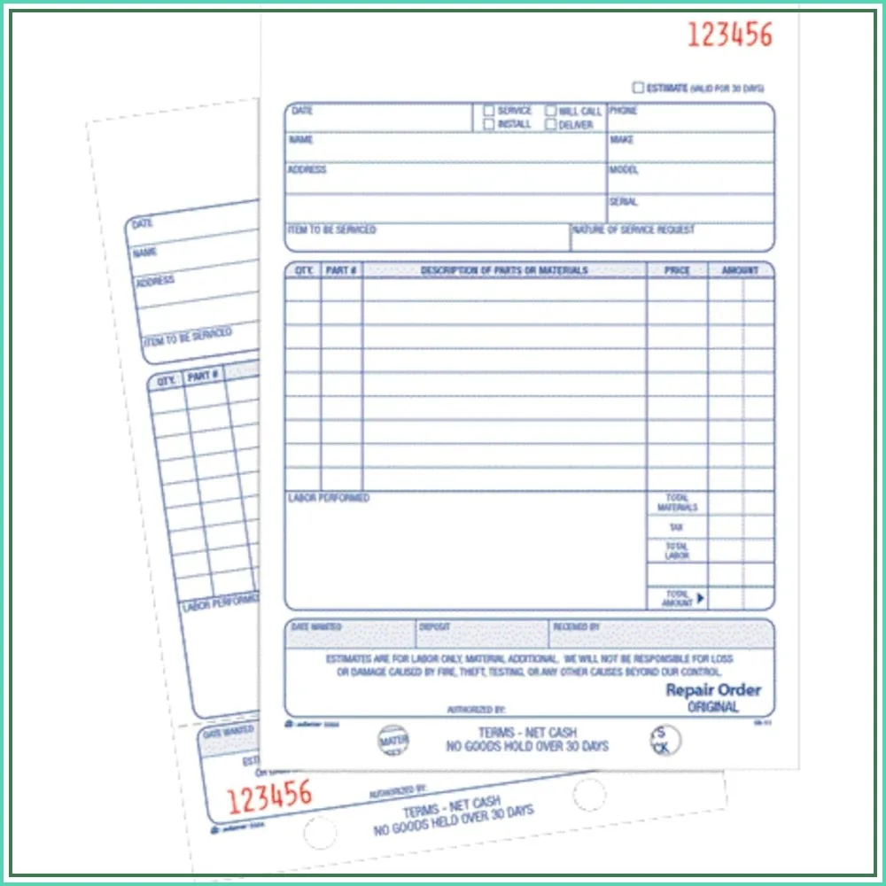 

Carbonless 2-Part Repair Order Book, White/White, 5-9/16 x 8-7/16 Inches, 50 Sets