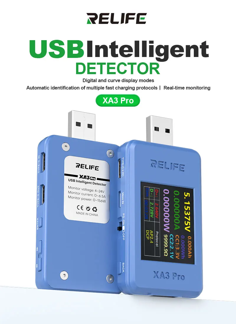 

RELIFE XA3 Pro USB Smart Tester Поддержка PD QC2.0 QC3.0 SCP AP2.4A DCP Идентификация быстрой зарядки Обнаружение напряжения тока