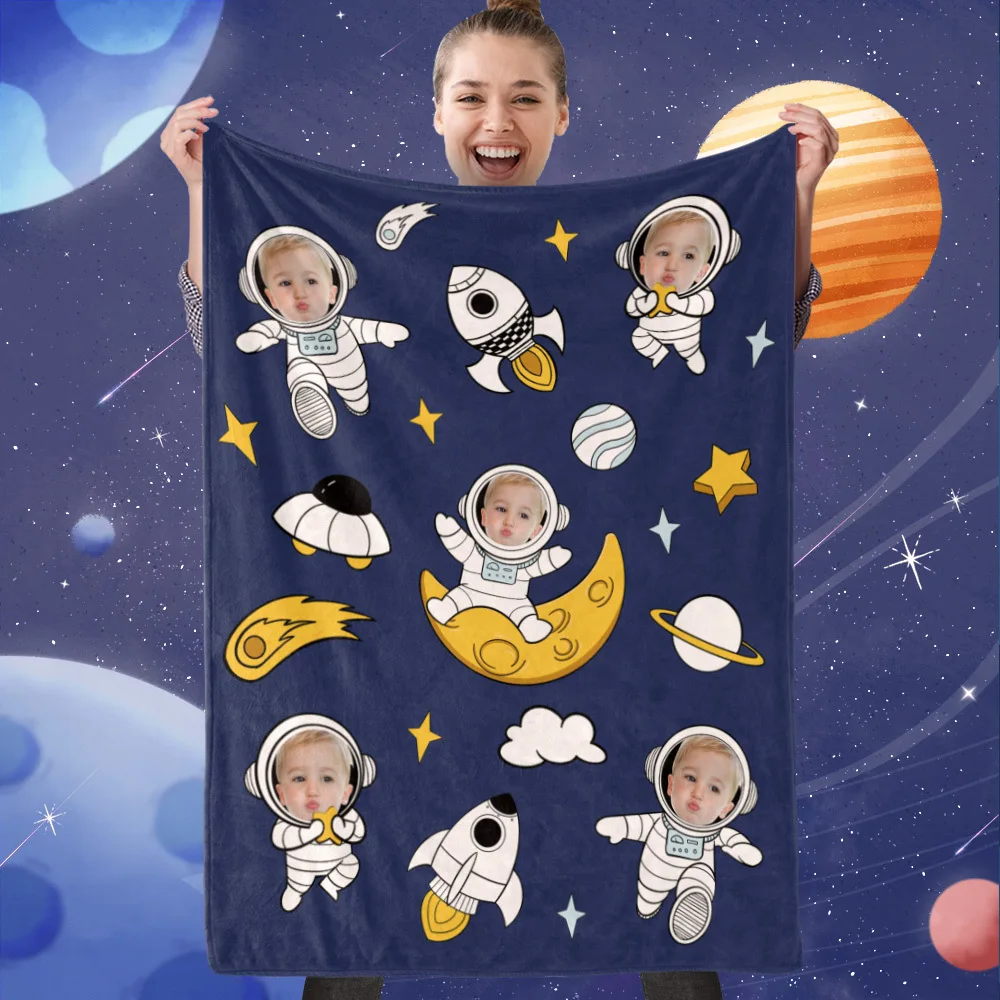 Custom Astronaut Flannel Blanket With Rocket And Planets, Best gift for Children