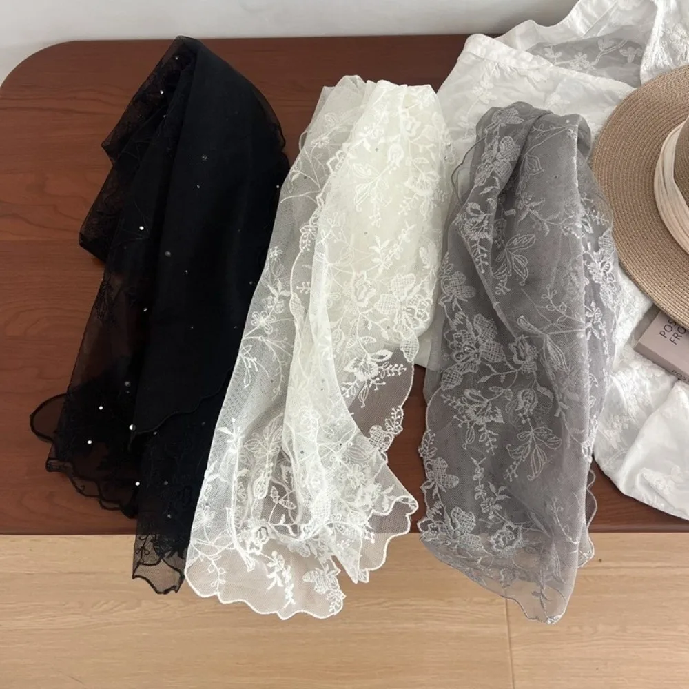 

Literary Retro Women's Lace Scarf Korean Version Long Sunscreen Shawl Embroidered Flower Pearl embellishment Female Headscarf