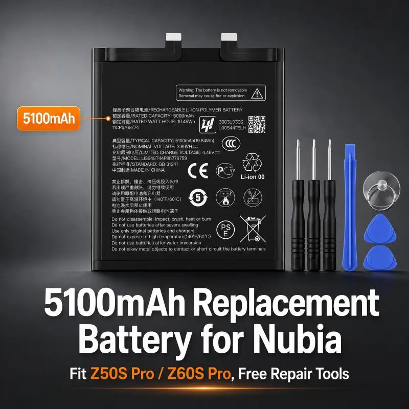 Replacement Phone Battery Li3949T44P8h776759 5100mAh 1ICP6/68/74 For ZTE Nubia Z50S Pro Z60S Pro NX713J With Free Repair Tools