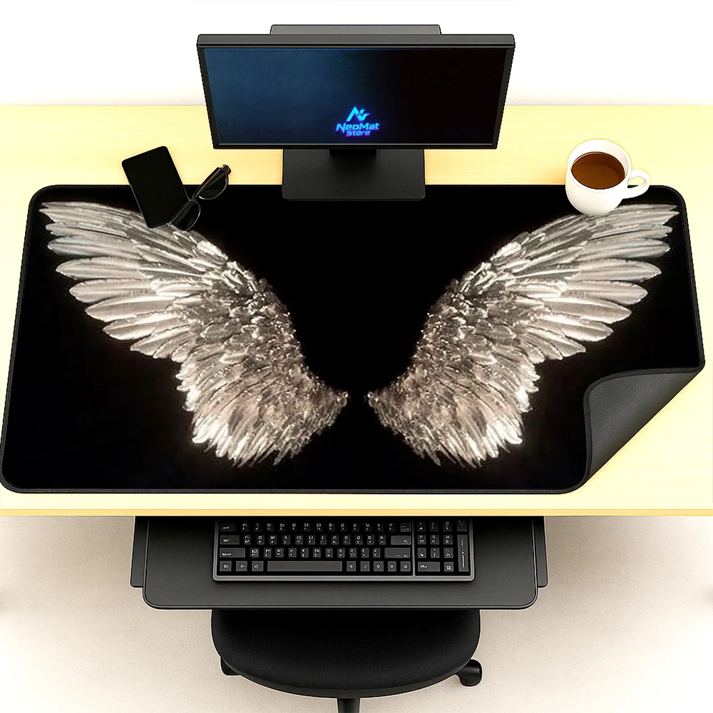 Gothic Mouse Pad 160x60 Silver Angel Wings Desk Mat Gaming White Table Mat Full Desk Pad Aesthetic Black Office Desktop Mat