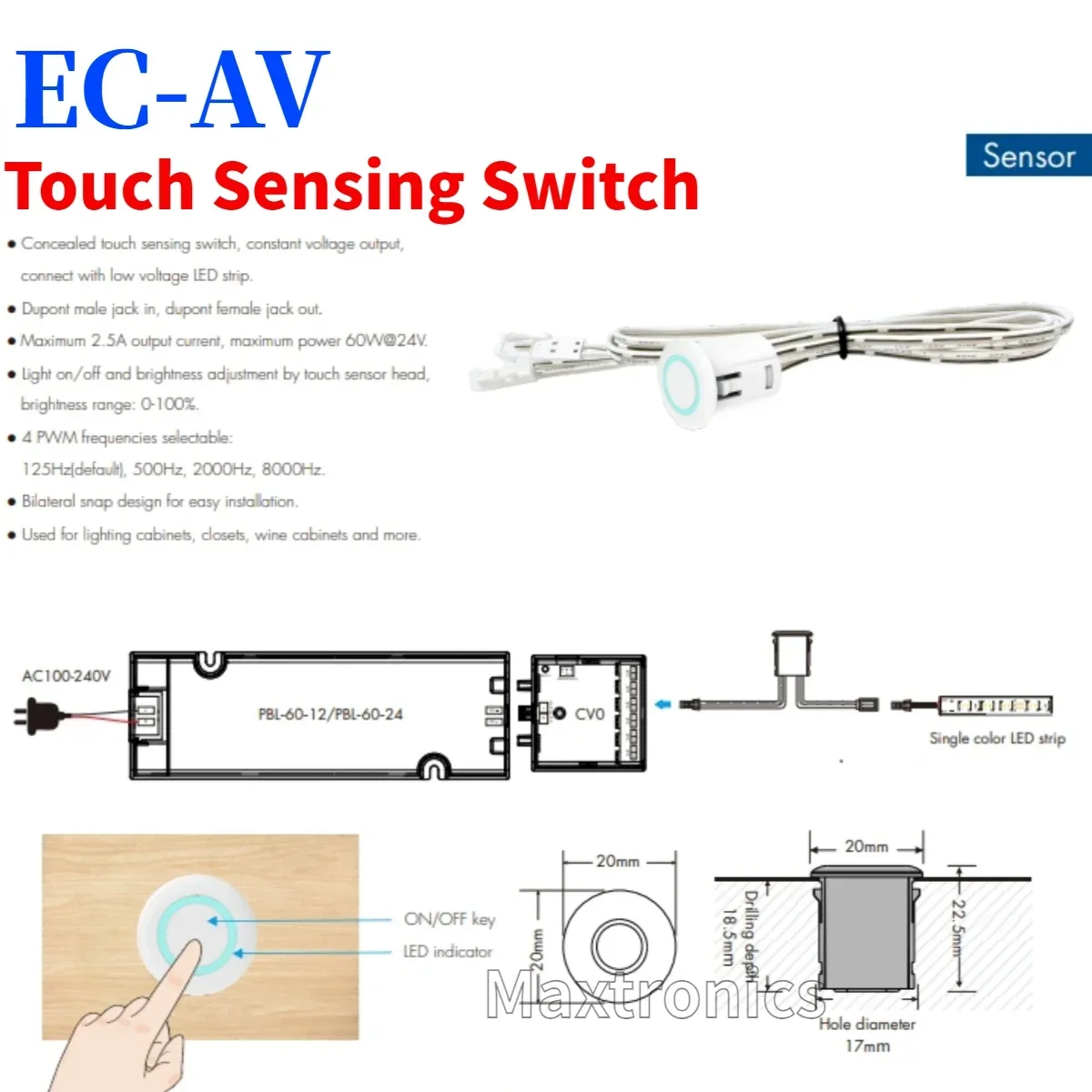 Interruptor de Sensor de detección táctil, atenuador LED de 2.5A, EC-AV para armarios de bajo voltaje, tira de luz Led de un solo Color, DC5-24V