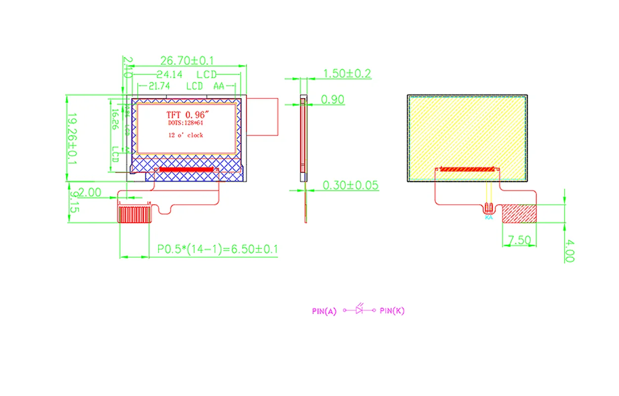 0,96 inç LCD 128*64TN150 parlaklık RGB arayüzü ultra ince TFT LCD