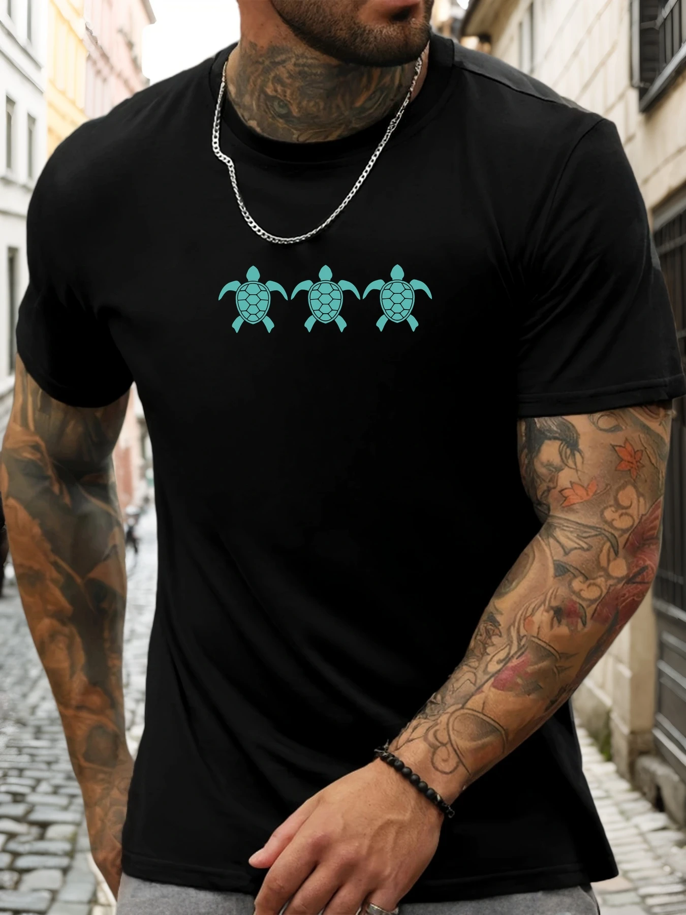 Men Black Crew Neck Tee Three Simple Turquoise Sea Turtle Silhouettes Minimal Ocean Wildlife Beach Casual Soft Cotton Male Tops