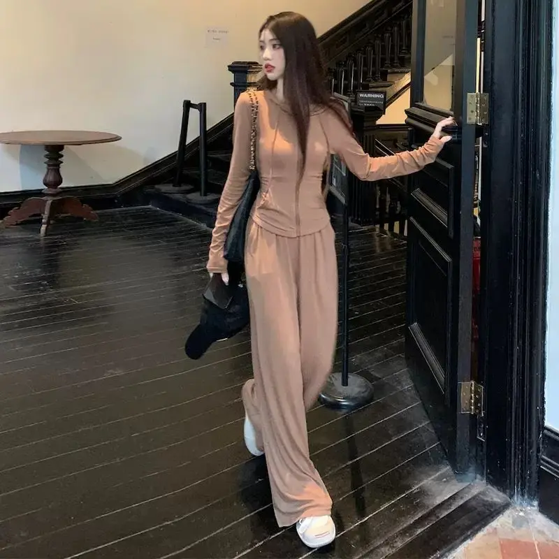 

Casual Fashion Spring Summer New Women's Hooded Cardigan Top With Wide Leg Pants Two Piece Set Long Sleeve Slimming Wear