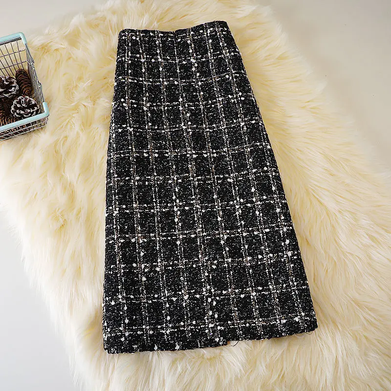 Glittery Tweed Skirt with Gold Button Front Pocket Textured High Waist  Midi Skirt Autumn Winter Classic Outfit